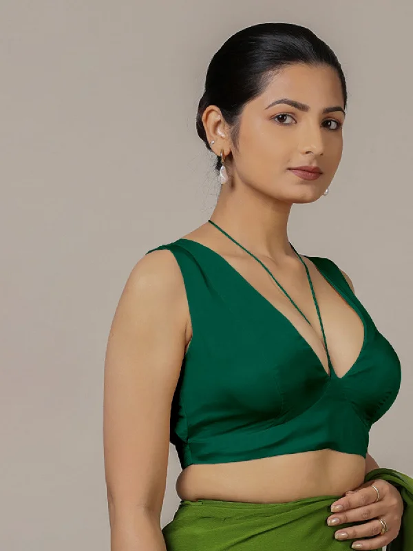 Ahana x Rozaana | Bottle Green Sleeveless FlexiFit™ Saree Blouse with Plunging Neckline and Back Cut Out with Tie-up