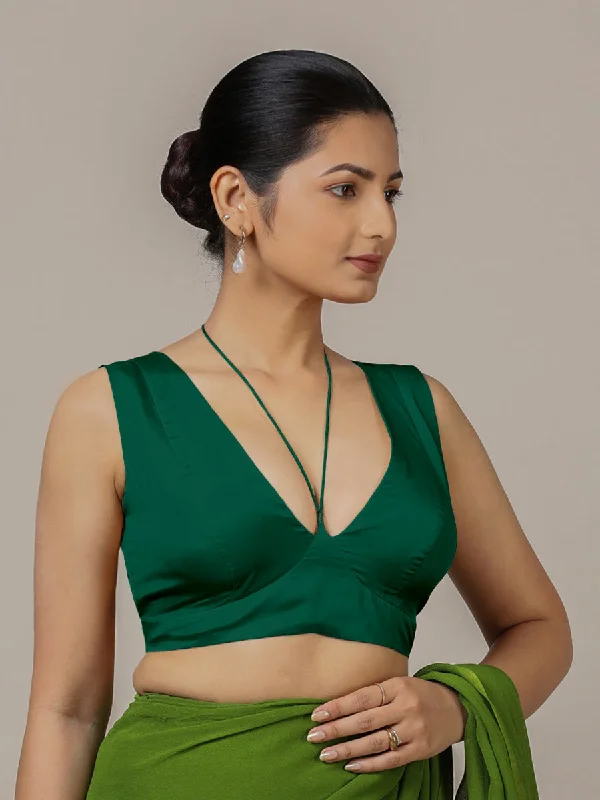 Ahana x Rozaana | Bottle Green Sleeveless FlexiFit™ Saree Blouse with Plunging Neckline and Back Cut Out with Tie-up