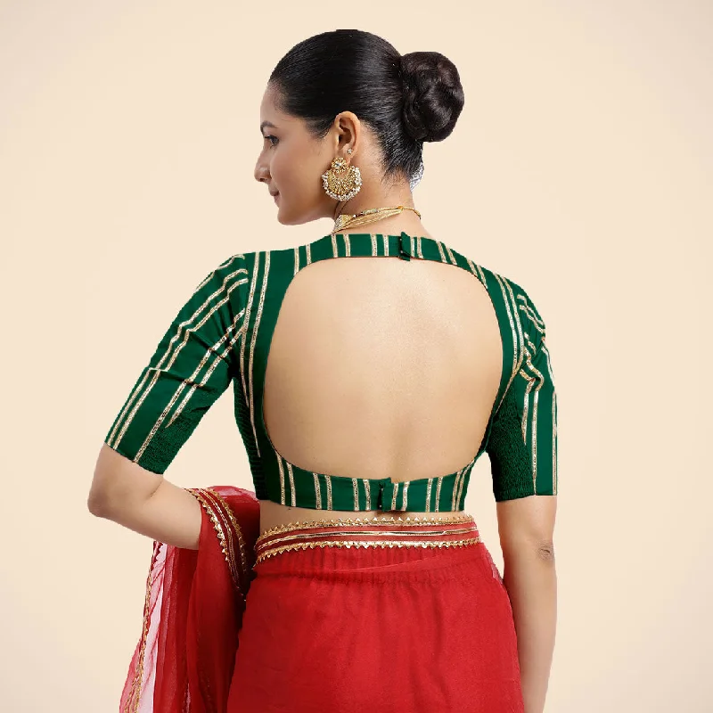 Shaheen x Tyohaar | Bottle Green Elbow Sleeves FlexiFit™ Saree Blouse with Zero Neck with Back Cut-Out and Golden Gota Embellishment