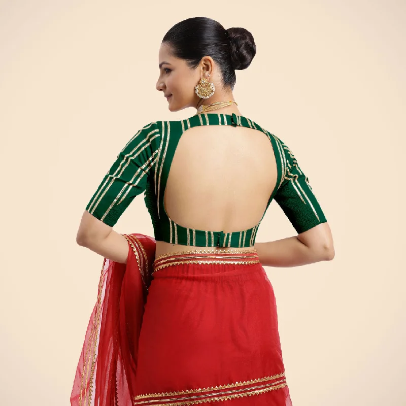 Shaheen x Tyohaar | Bottle Green Elbow Sleeves FlexiFit™ Saree Blouse with Zero Neck with Back Cut-Out and Golden Gota Embellishment