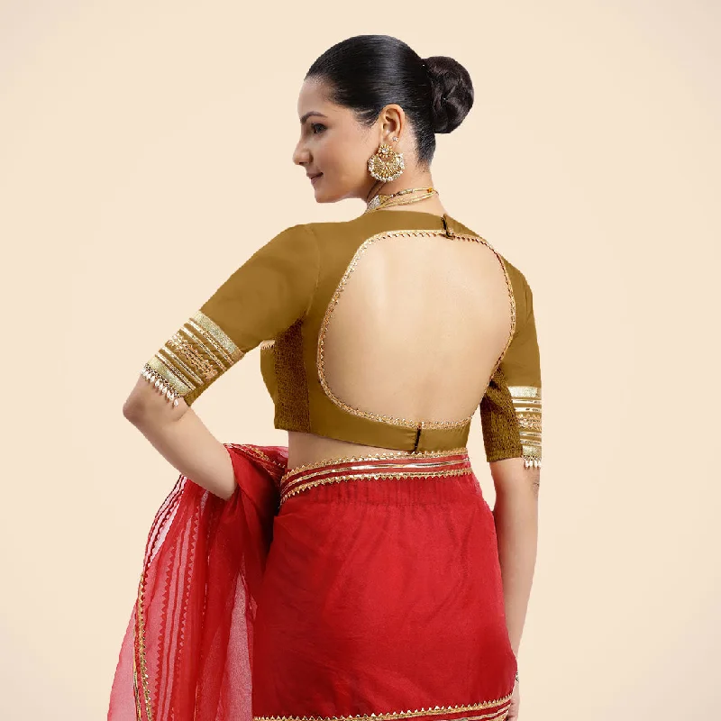 Farheen x Tyohaar | Bronze Gold Embellished Elbow Sleeves FlexiFit™ Saree Blouse with Zero Neck with Back Cut-Out and Golden Gota Embellishment