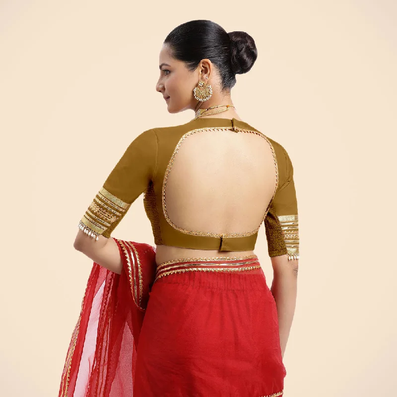 Farheen x Tyohaar | Bronze Gold Embellished Elbow Sleeves FlexiFit™ Saree Blouse with Zero Neck with Back Cut-Out and Golden Gota Embellishment