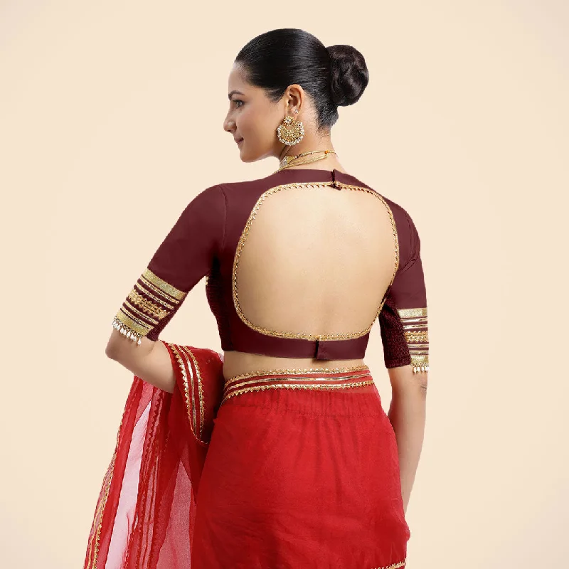 Farheen x Tyohaar | Burgundy Embellished Elbow Sleeves FlexiFit™ Saree Blouse with Zero Neck with Back Cut-Out and Golden Gota Embellishment