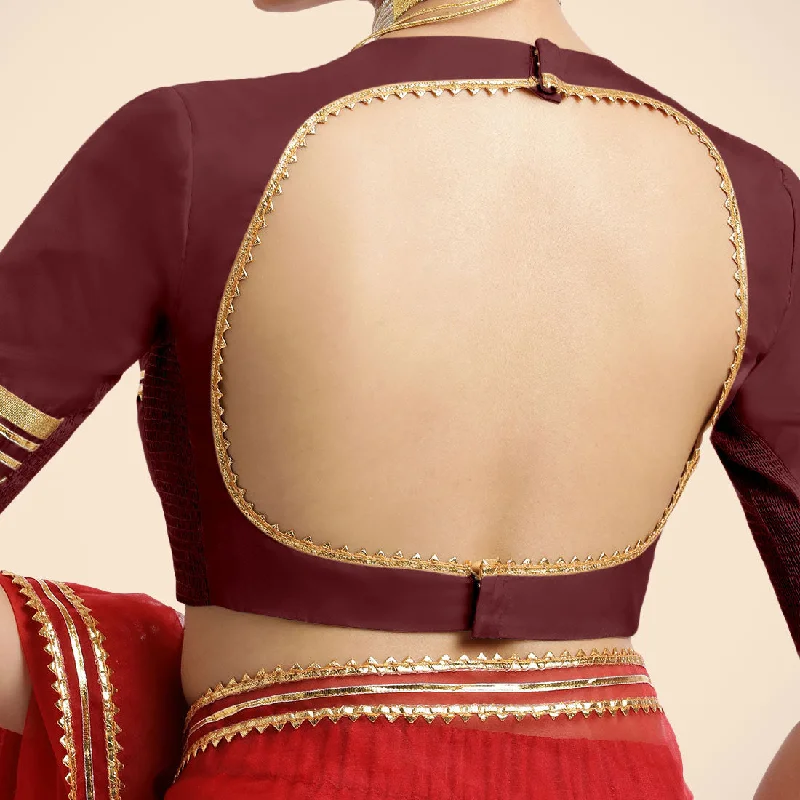 Farheen x Tyohaar | Burgundy Embellished Elbow Sleeves FlexiFit™ Saree Blouse with Zero Neck with Back Cut-Out and Golden Gota Embellishment