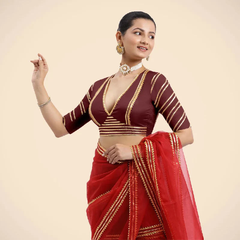 Navya x Tyohaar | Burgundy Elbow Sleeves FlexiFit™ Saree Blouse with Plunging V Neckline with Tasteful Golden Gota Lace