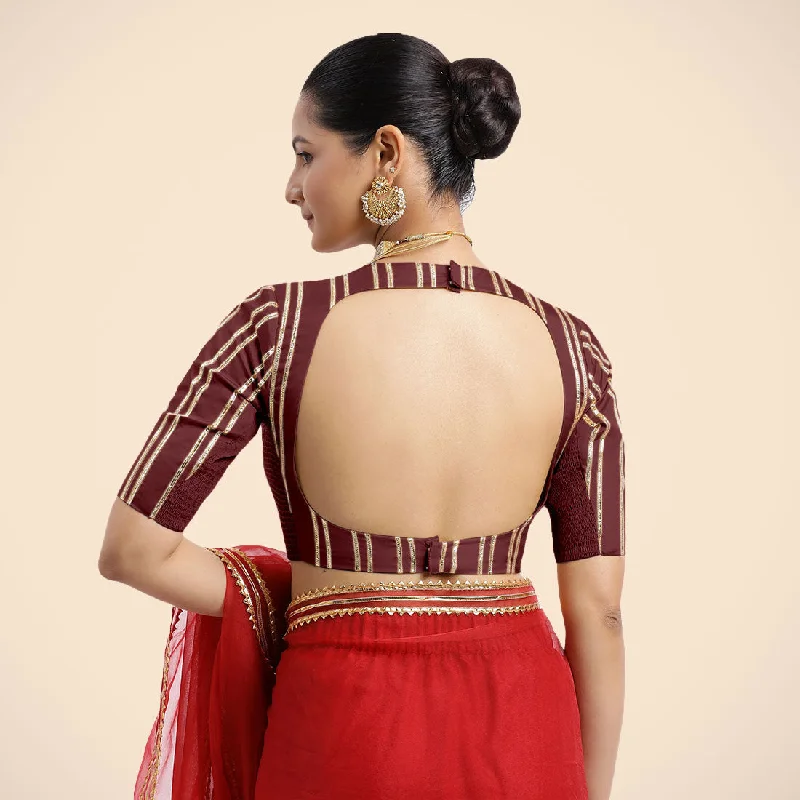 Shaheen x Tyohaar | Burgundy Elbow Sleeves FlexiFit™ Saree Blouse with Zero Neck with Back Cut-Out and Golden Gota Embellishment