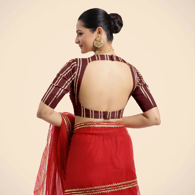 Shaheen x Tyohaar | Burgundy Elbow Sleeves FlexiFit™ Saree Blouse with Zero Neck with Back Cut-Out and Golden Gota Embellishment