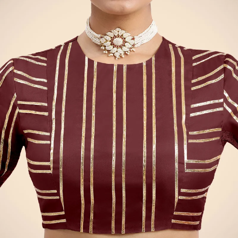 Shaheen x Tyohaar | Burgundy Elbow Sleeves FlexiFit™ Saree Blouse with Zero Neck with Back Cut-Out and Golden Gota Embellishment