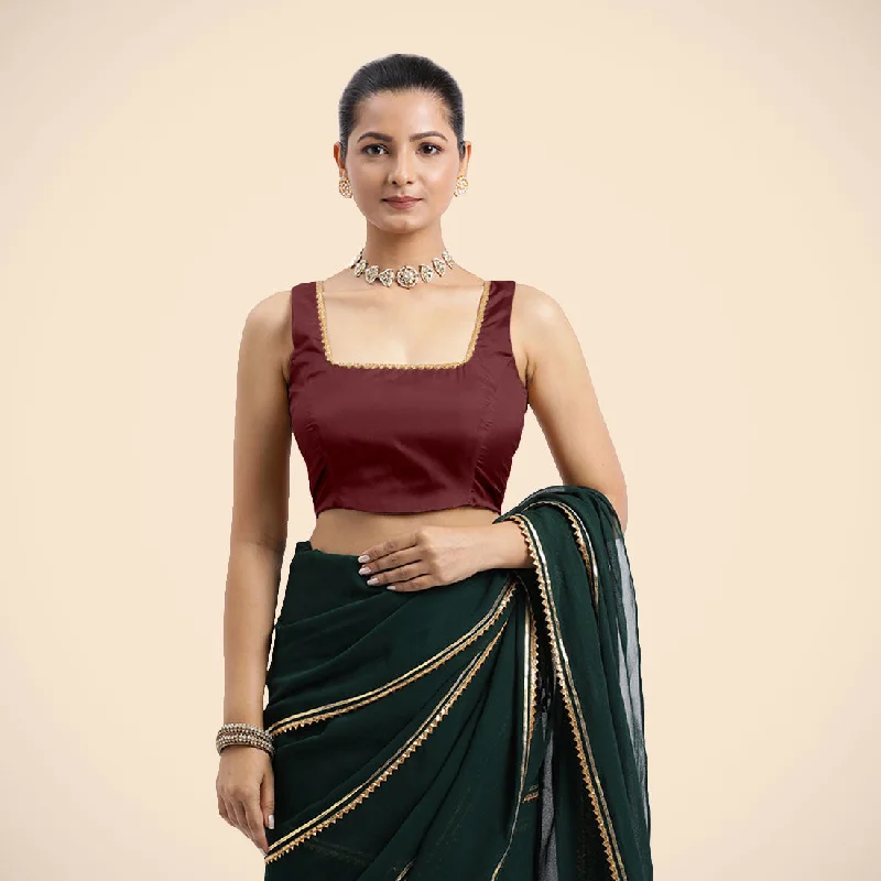 Tanvi x Tyohaar | Burgundy Sleeveless FlexiFit™ Saree Blouse with Square Front Neck and Deep Back with Dori and Golden Gota Embellishment