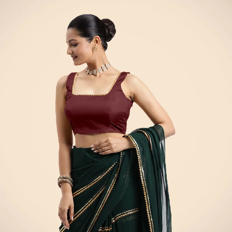 Tanvi x Tyohaar | Burgundy Sleeveless FlexiFit™ Saree Blouse with Square Front Neck and Deep Back with Dori and Golden Gota Embellishment