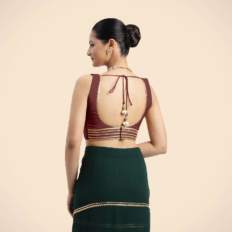 Tanvi x Tyohaar | Burgundy Sleeveless FlexiFit™ Saree Blouse with Square Front Neck and Deep Back with Dori and Golden Gota Embellishment