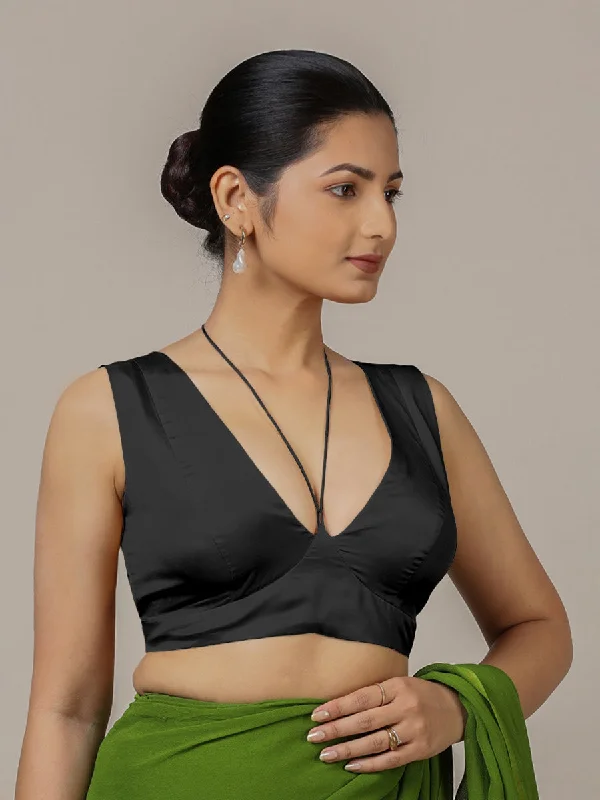 Ahana x Rozaana | Charcoal Black Sleeveless FlexiFit™ Saree Blouse with Plunging Neckline and Back Cut Out with Tie-up