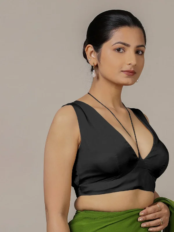 Ahana x Rozaana | Charcoal Black Sleeveless FlexiFit™ Saree Blouse with Plunging Neckline and Back Cut Out with Tie-up