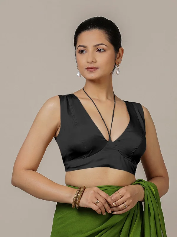 Ahana x Rozaana | Charcoal Black Sleeveless FlexiFit™ Saree Blouse with Plunging Neckline and Back Cut Out with Tie-up