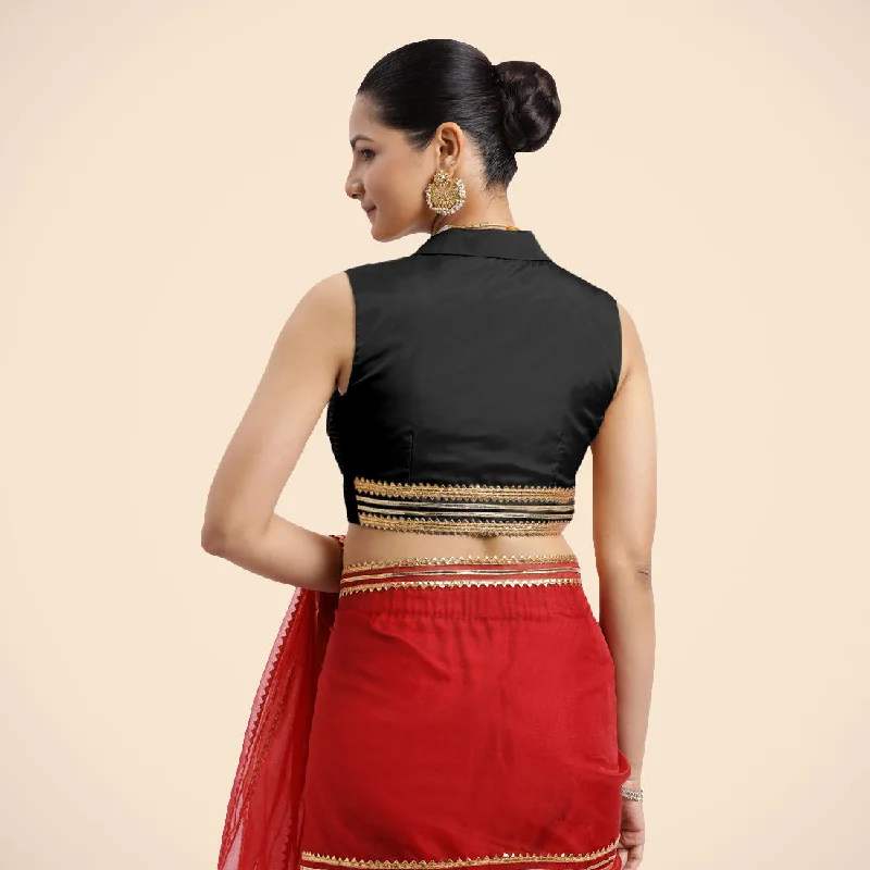 Avni x Tyohaar | Charcoal Black Sleeveless FlexiFit™ Saree Blouse with Elegant Shawl Collar with Golden Gota Lace Embellishment