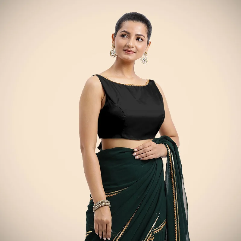 Sherry x Tyohaar | Charcoal Black Sleeveless FlexiFit™ Saree Blouse with Simple Golden Gota Lace on Neckline and Removable Bow on Back