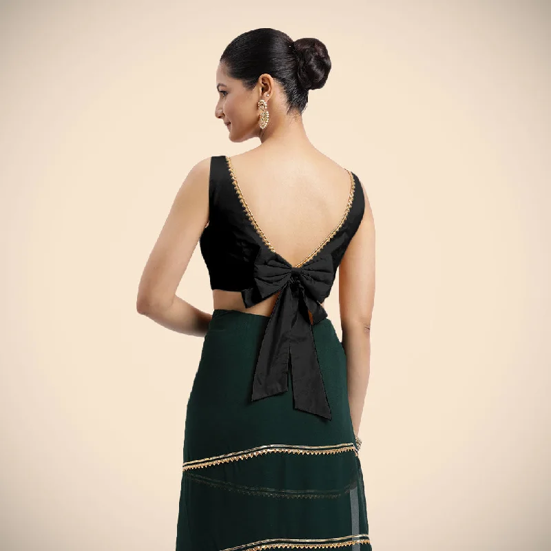 Sherry x Tyohaar | Charcoal Black Sleeveless FlexiFit™ Saree Blouse with Simple Golden Gota Lace on Neckline and Removable Bow on Back