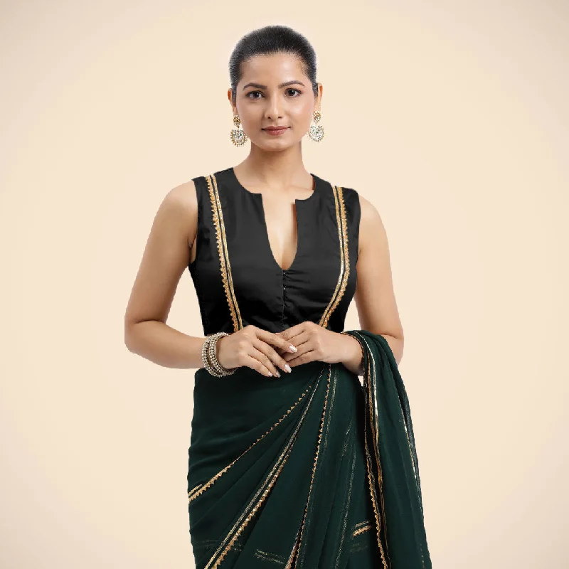 Veena x Tyohaar | Charcoal Black Sleeveless FlexiFit™ Saree Blouse with Front Open Closed Neckline with Slit and Golden Gota Lace