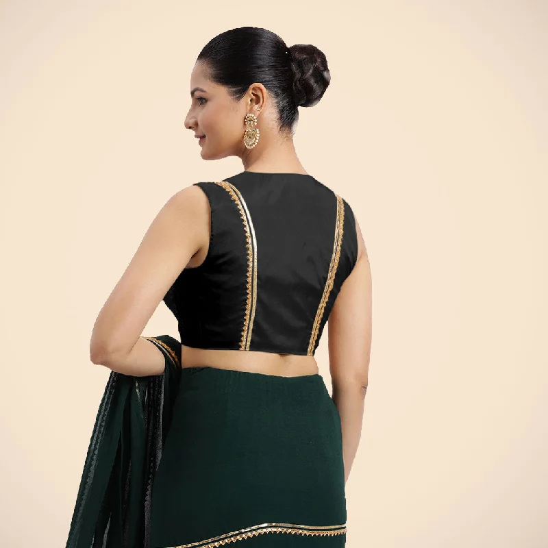 Veena x Tyohaar | Charcoal Black Sleeveless FlexiFit™ Saree Blouse with Front Open Closed Neckline with Slit and Golden Gota Lace