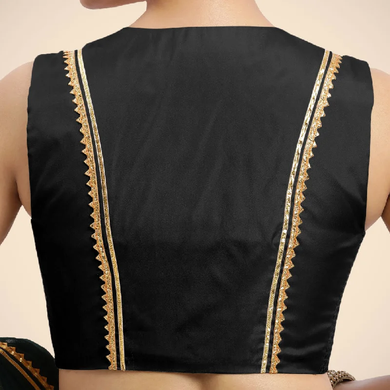 Veena x Tyohaar | Charcoal Black Sleeveless FlexiFit™ Saree Blouse with Front Open Closed Neckline with Slit and Golden Gota Lace