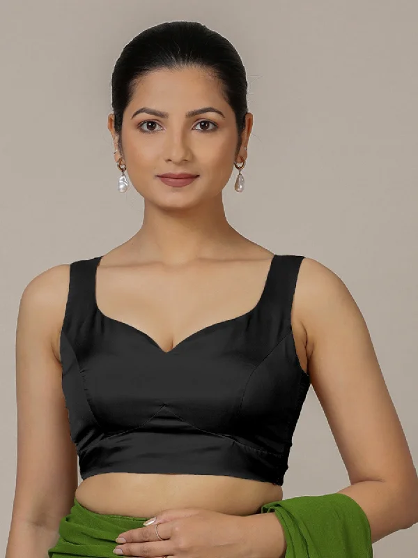 Ishika x Rozaana | Charcoal Black Sleeveless FlexiFit™ Saree Blouse with Beetle Leaf Neckline and Back Cut-out with Tie-Up