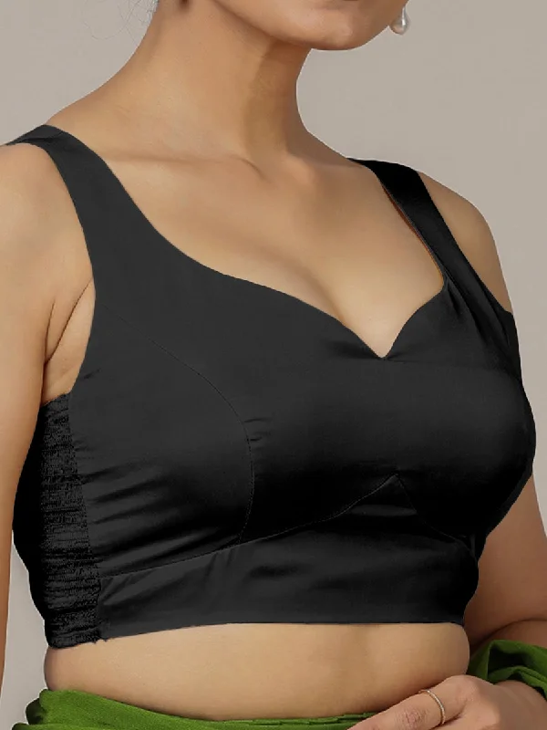 Ishika x Rozaana | Charcoal Black Sleeveless FlexiFit™ Saree Blouse with Beetle Leaf Neckline and Back Cut-out with Tie-Up