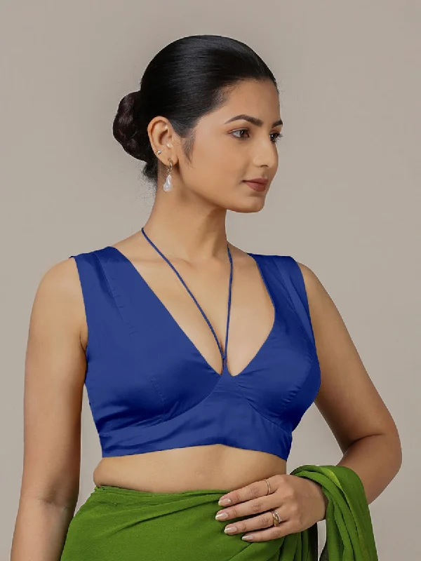 Ahana x Rozaana | Cobalt Blue Sleeveless FlexiFit™ Saree Blouse with Plunging Neckline and Back Cut Out with Tie-up