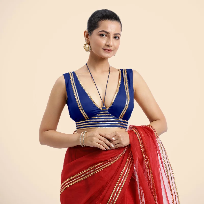 Ahana x Tyohaar | Cobalt Blue Sleeveless FlexiFit™ Saree Blouse with Plunging Neckline and Back Cut Out with Tasteful Golden Gota Lace Embellishment