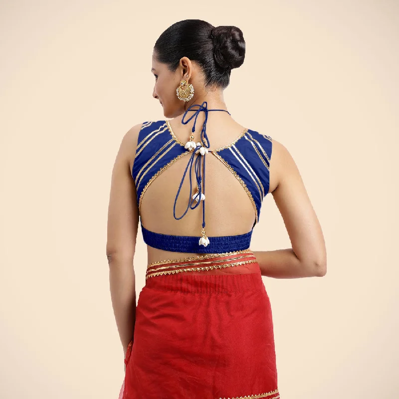 Ahana x Tyohaar | Cobalt Blue Sleeveless FlexiFit™ Saree Blouse with Plunging Neckline and Back Cut Out with Tasteful Golden Gota Lace Embellishment