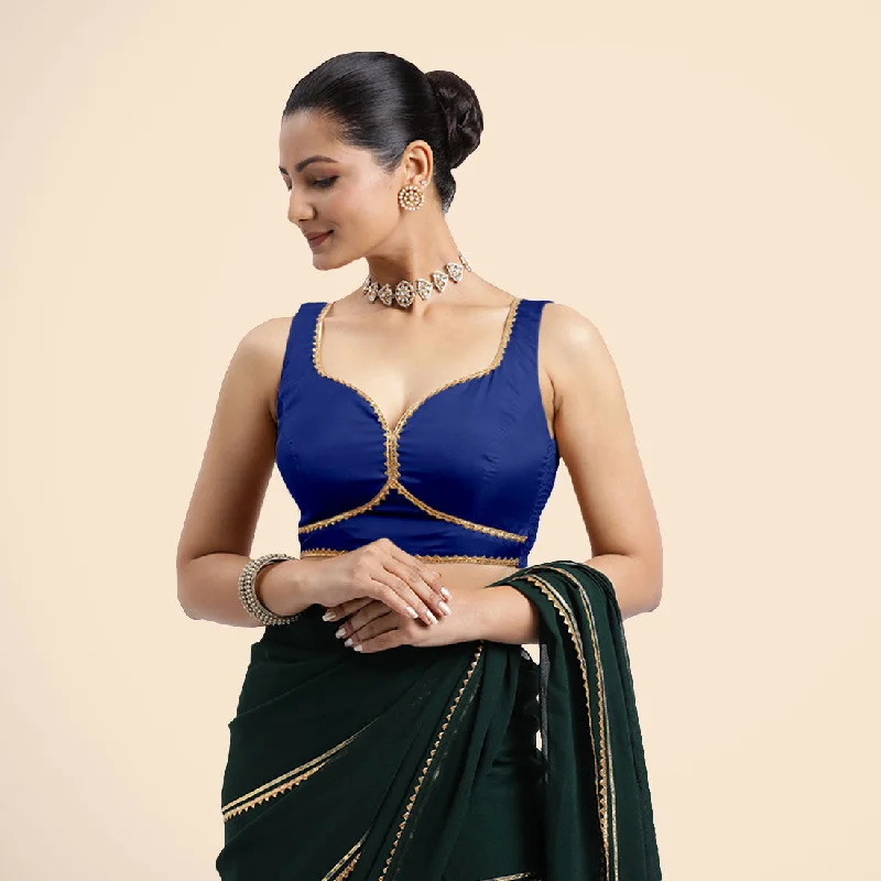 Ishika x Tyohaar | Cobalt Blue Sleeveless FlexiFit™ Saree Blouse with Beetle Leaf Neckline with Golden Gota Lace and Back Cut-out with Tie-Up