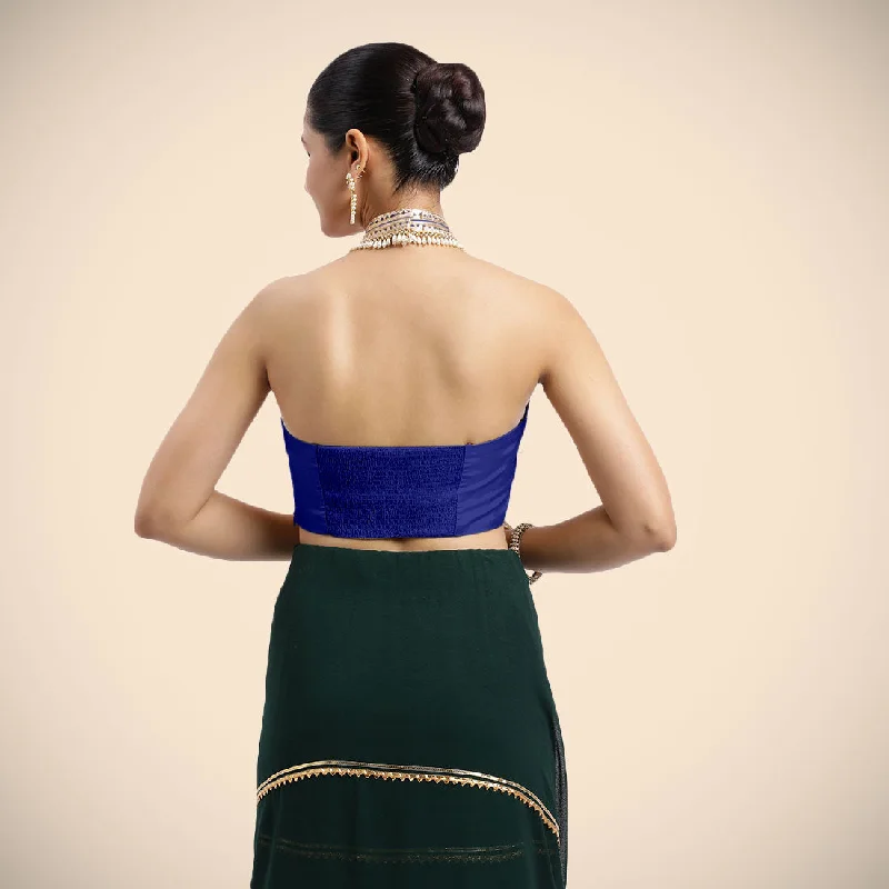 Laila x Tyohaar | Cobalt Blue Halterneck FlexiFit™ Saree Blouse with Heavy Golden Gota and Pearl Embellishments