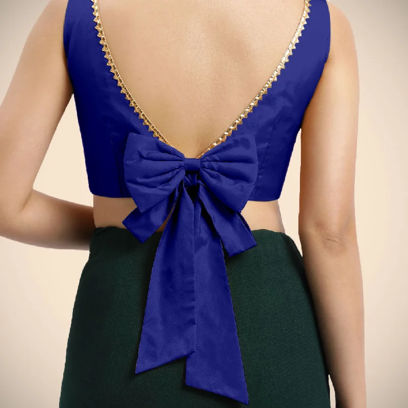 Sherry x Tyohaar | Cobalt Blue Sleeveless FlexiFit™ Saree Blouse with Simple Golden Gota Lace on Neckline and Removable Bow on Back