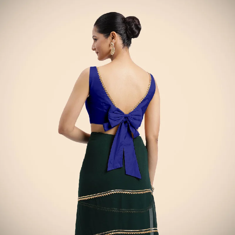 Sherry x Tyohaar | Cobalt Blue Sleeveless FlexiFit™ Saree Blouse with Simple Golden Gota Lace on Neckline and Removable Bow on Back