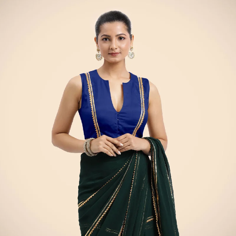 Veena x Tyohaar | Cobalt Blue Sleeveless FlexiFit™ Saree Blouse with Front Open Closed Neckline with Slit and Golden Gota Lace