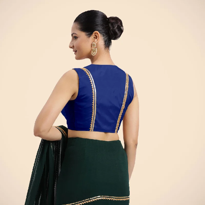 Veena x Tyohaar | Cobalt Blue Sleeveless FlexiFit™ Saree Blouse with Front Open Closed Neckline with Slit and Golden Gota Lace