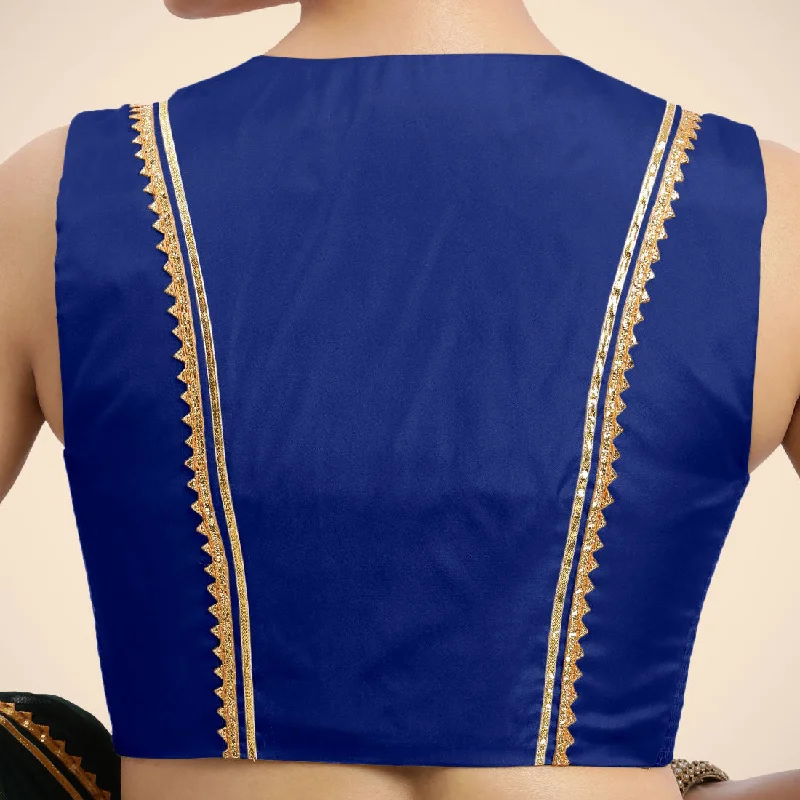 Veena x Tyohaar | Cobalt Blue Sleeveless FlexiFit™ Saree Blouse with Front Open Closed Neckline with Slit and Golden Gota Lace