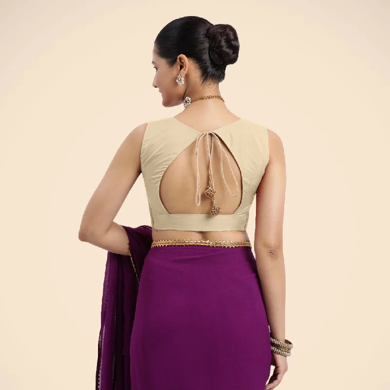 Nazia x Rozaana | Cream Sleeveless FlexiFit™ Saree Blouse with Front Open Curved V Neckline with Deep Back and Dori