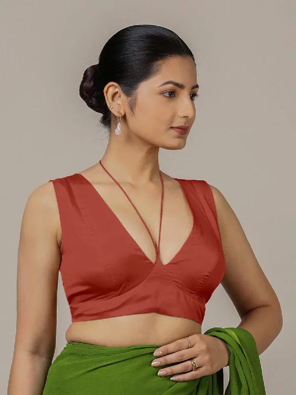 Ahana x Rozaana | Crimson Red Sleeveless FlexiFit™ Saree Blouse with Plunging Neckline and Back Cut Out with Tie-up