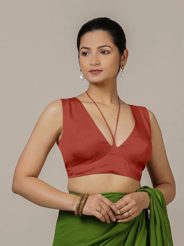 Ahana x Rozaana | Crimson Red Sleeveless FlexiFit™ Saree Blouse with Plunging Neckline and Back Cut Out with Tie-up