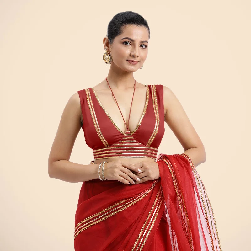 Ahana x Tyohaar | Crimson Red Sleeveless FlexiFit™ Saree Blouse with Plunging Neckline and Back Cut Out with Tasteful Golden Gota Lace Embellishment