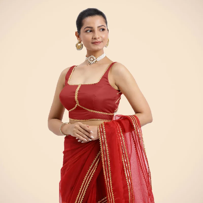 Arya x Tyohaar | Crimson Red Sleeveless FlexiFit™ Saree Blouse with Square Neck and Back Window Embeliished with Golden Gota and Pearl Lace