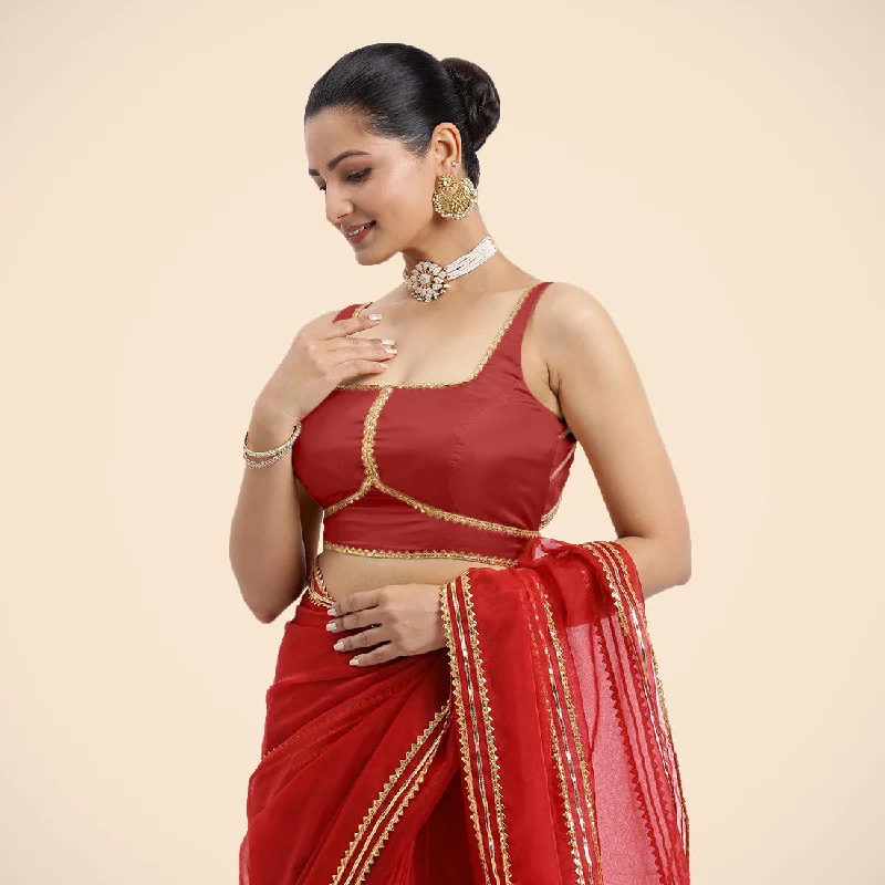 Arya x Tyohaar | Crimson Red Sleeveless FlexiFit™ Saree Blouse with Square Neck and Back Window Embeliished with Golden Gota and Pearl Lace