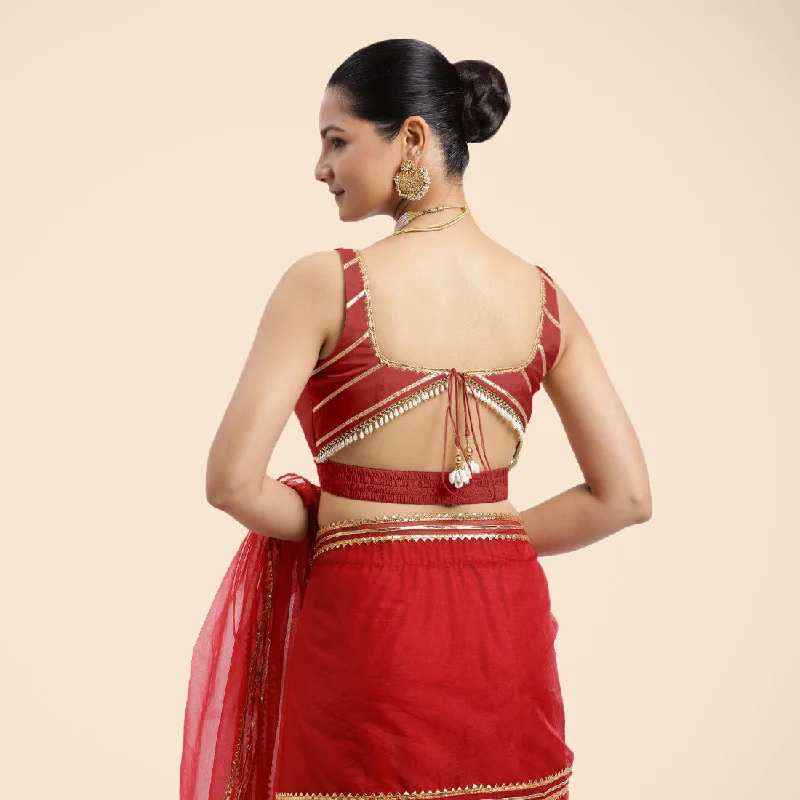 Arya x Tyohaar | Crimson Red Sleeveless FlexiFit™ Saree Blouse with Square Neck and Back Window Embeliished with Golden Gota and Pearl Lace