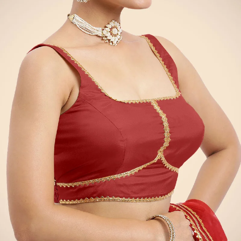 Arya x Tyohaar | Crimson Red Sleeveless FlexiFit™ Saree Blouse with Square Neck and Back Window Embeliished with Golden Gota and Pearl Lace