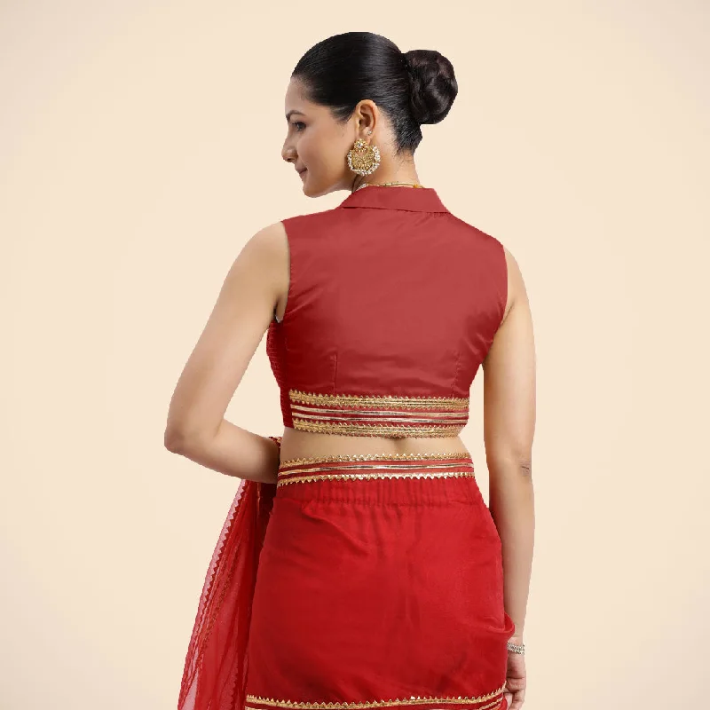 Avni x Tyohaar | Crimson Red Sleeveless FlexiFit™ Saree Blouse with Elegant Shawl Collar with Golden Gota Lace Embellishment