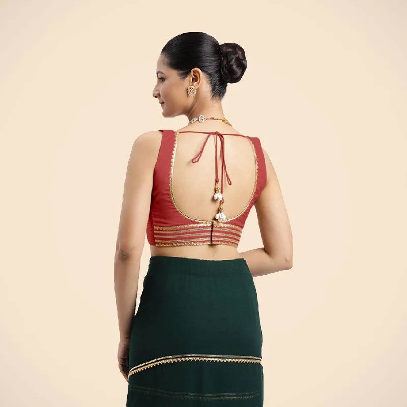 Tanvi x Tyohaar | Crimson Red Sleeveless FlexiFit™ Saree Blouse with Square Front Neck and Deep Back with Dori and Golden Gota Embellishment