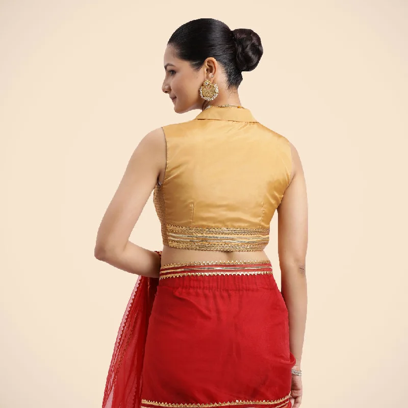 Avni x Tyohaar | Gold Sleeveless FlexiFit™ Saree Blouse with Elegant Shawl Collar with Golden Gota Lace Embellishment