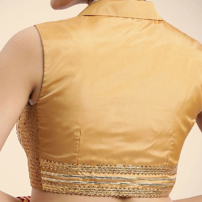 Avni x Tyohaar | Gold Sleeveless FlexiFit™ Saree Blouse with Elegant Shawl Collar with Golden Gota Lace Embellishment