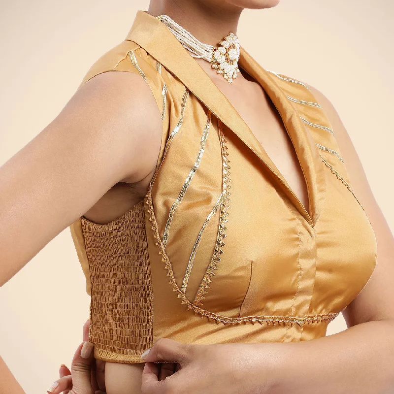 Avni x Tyohaar | Gold Sleeveless FlexiFit™ Saree Blouse with Elegant Shawl Collar with Golden Gota Lace Embellishment