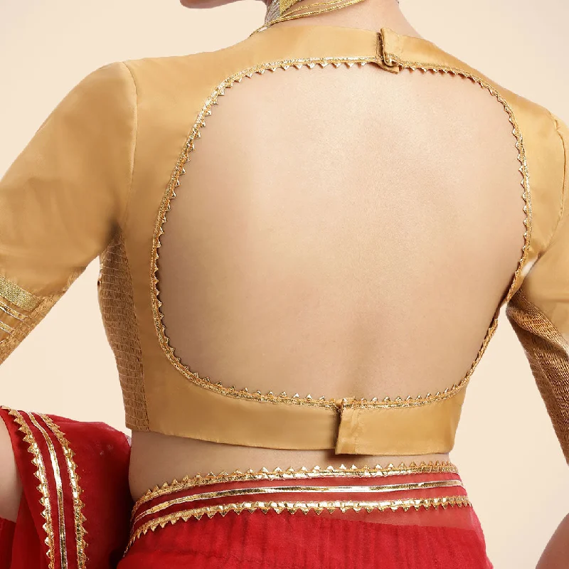 Farheen x Tyohaar | Gold Embellished Elbow Sleeves FlexiFit™ Saree Blouse with Zero Neck with Back Cut-Out and Golden Gota Embellishment